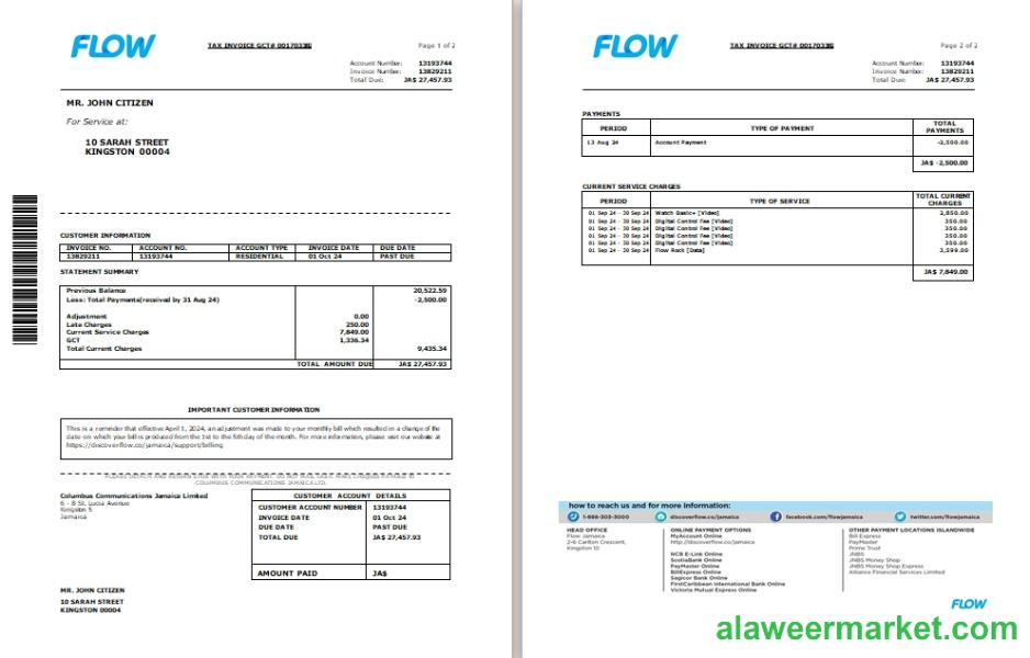 Jamaica Flow tax invoice cable and internet bill Word and PDF template, 2 pages SCR